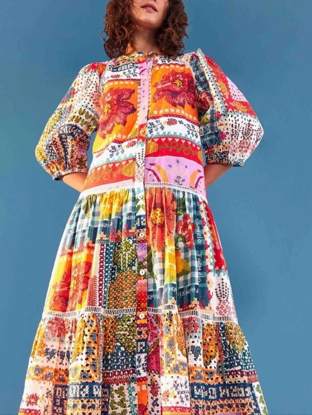 Farm Rio Patchwork Maxi Dress in Orange & Pink
